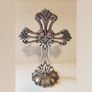 Standing Silver Aluminum Ornate Cross 10" H
